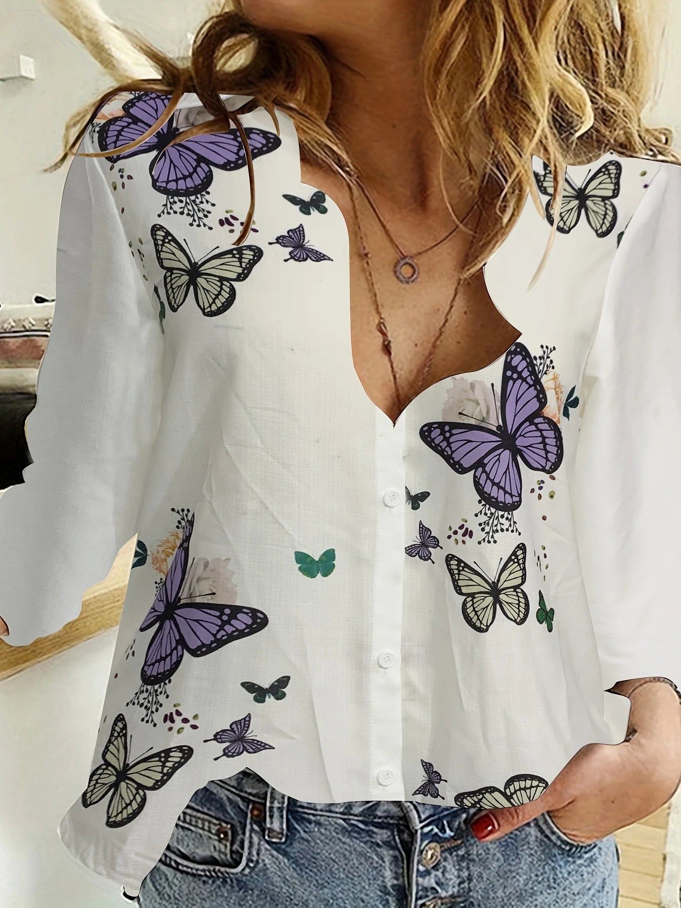 Simple Long-Sleeved Womens Shirts Fall Polo Collar Button Down Shirt Elegant Butterfly Dandelion Oversized Loose Blouse Clothing