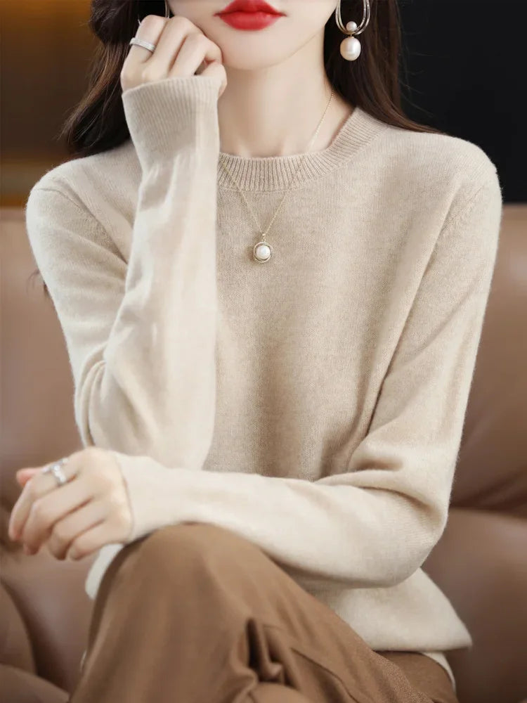 Fashion 100% Merino Wool Sweater Elegant Cashmere Pullover Women O-Neck Long Sleeve Knitwear Basic Clothing  Jumper Tops