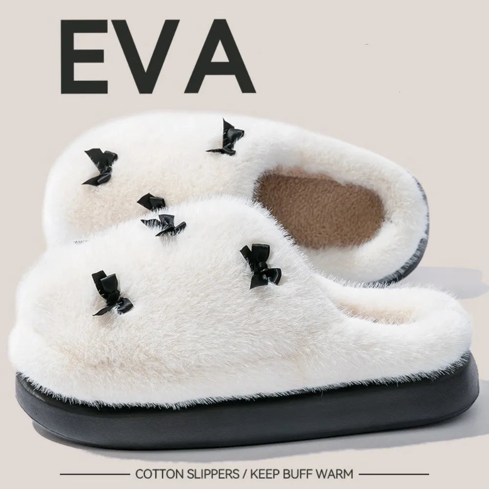 Fashion Bow knot House Slippers Warm Fleece with Lining Women's Indoor Shoes Non-slip Thickened Indoor Fluffy Slippers Winter