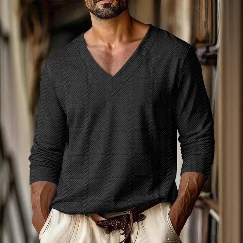 Autumn New Men's Plaid Pattern Jacquard Fabric V-neck Casual Sports Off-shoulder Sleeve Long-sleeved T-shirt