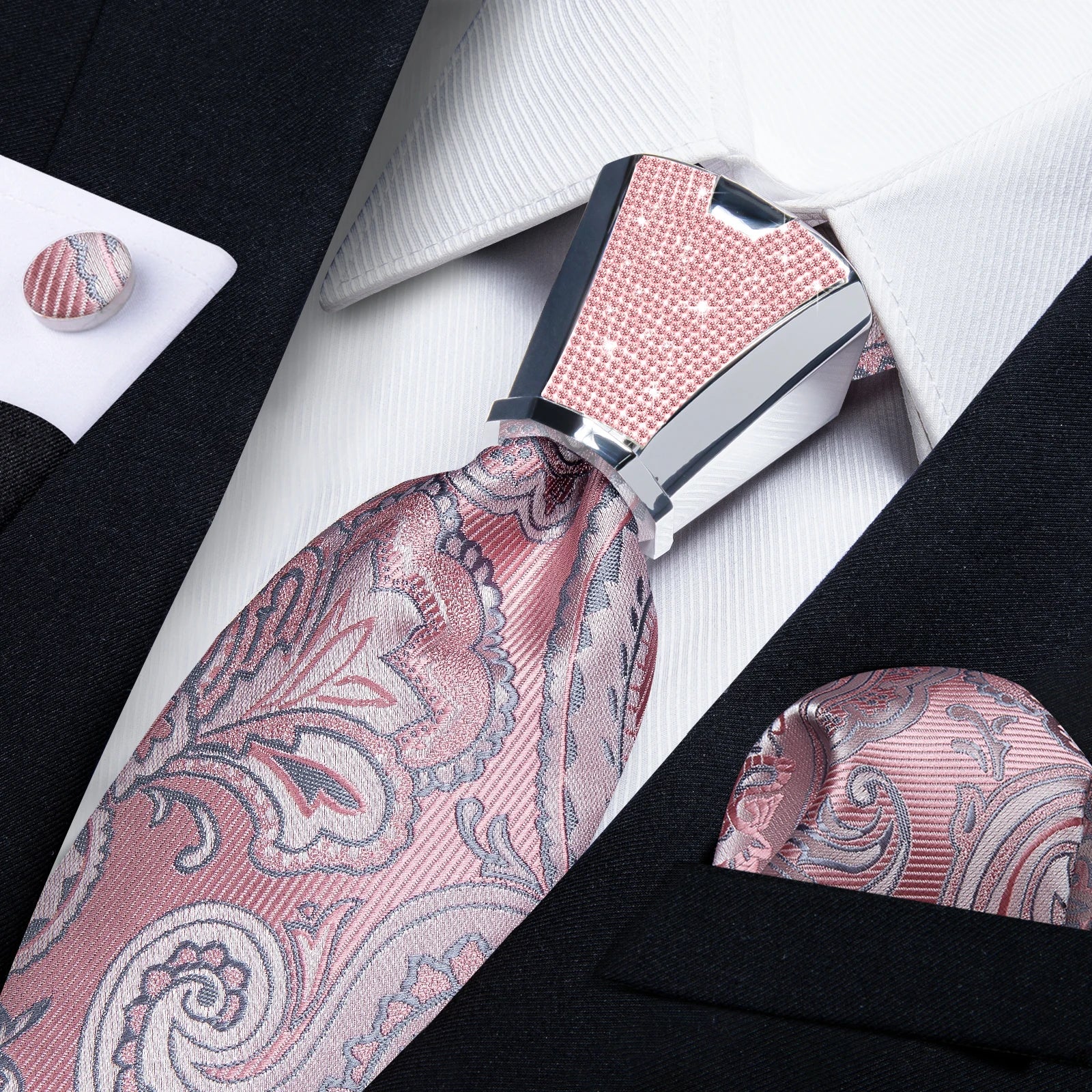 Pink Solid Paisley 8cm Silk Ties for Men with Luxury Plastic Tie Buckle Handkerchief Cufflinks Business Wedding Party Accessory