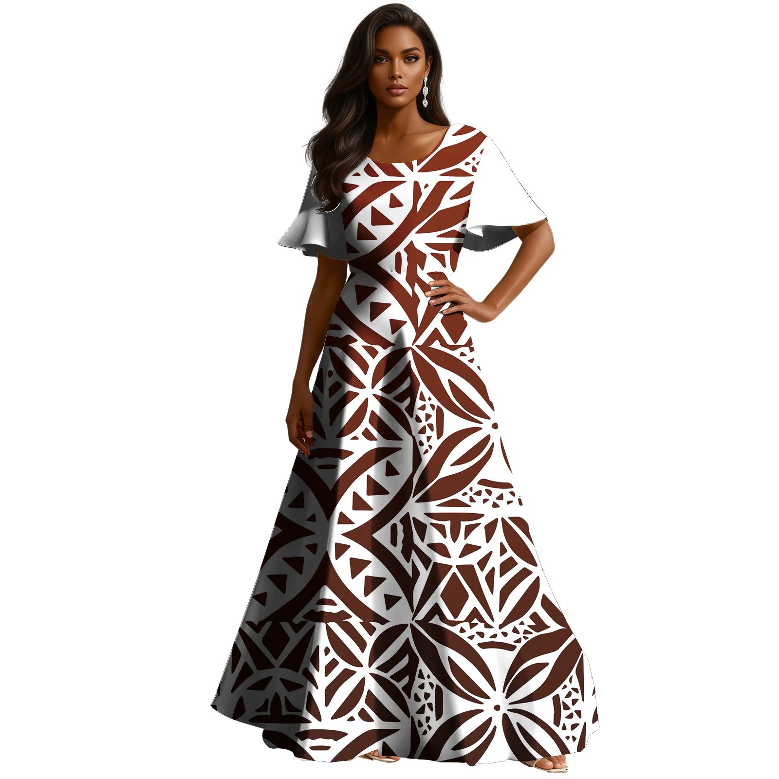 Abito ampio personalizzabile in stile polinesiano con stampa Tapa , a trapezio , lungo fino al pavimento