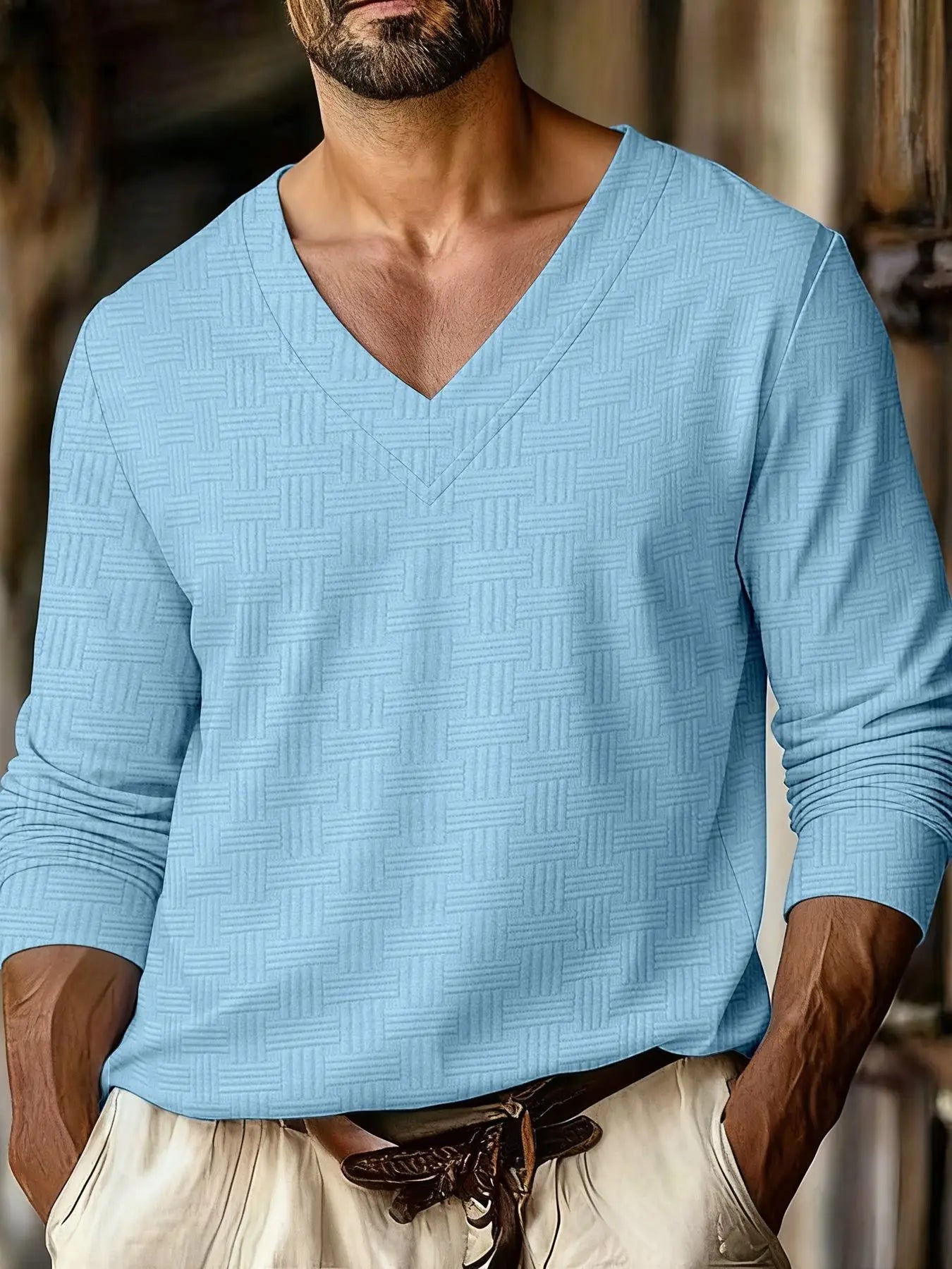 Autumn New Men's Plaid Pattern Jacquard Fabric V-neck Casual Sports Off-shoulder Sleeve Long-sleeved T-shirt