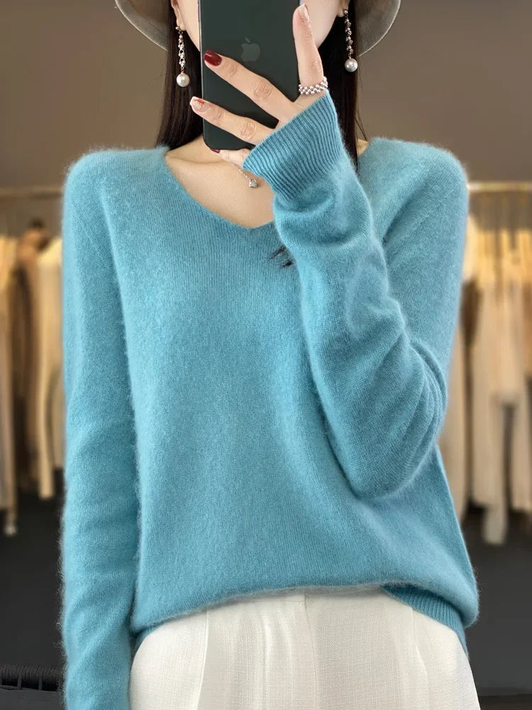 Fashion100% Merino Wool Sweater Cashmere  Pullover Women Knitwear V-Neck Long Sleeve  Autumn Winter Fashion Basic Clothing  Tops