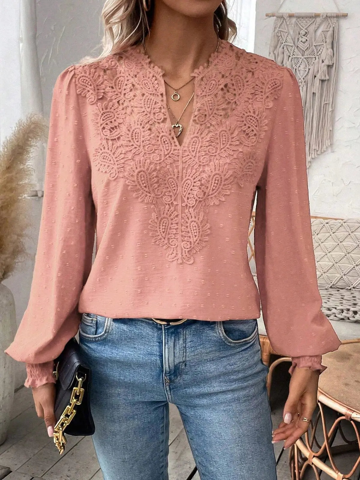 Autumn Women's Clothing New Sexy V-neck Fashion Lace Patchwork Solid Color Shirt Long Sleeved Casual Shirt Women's Clothing
