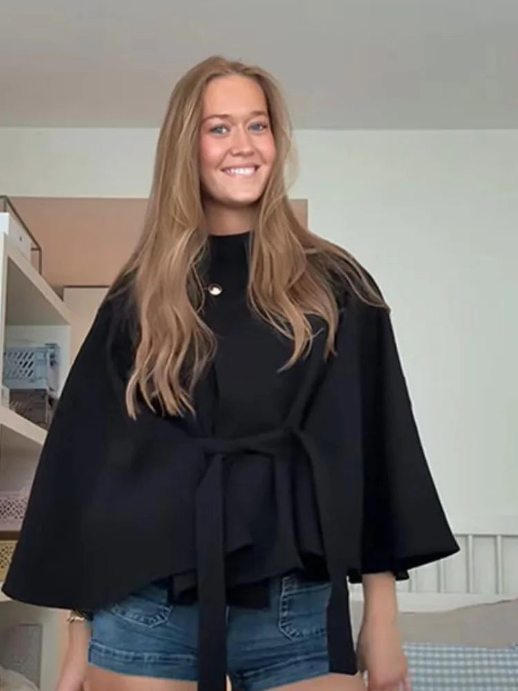 Womens Short Cape Coats For Women Belt Faux Wool Blends Coats Autumn Winter Solid Coats Elegant Cloak Jacket Ladies 2025