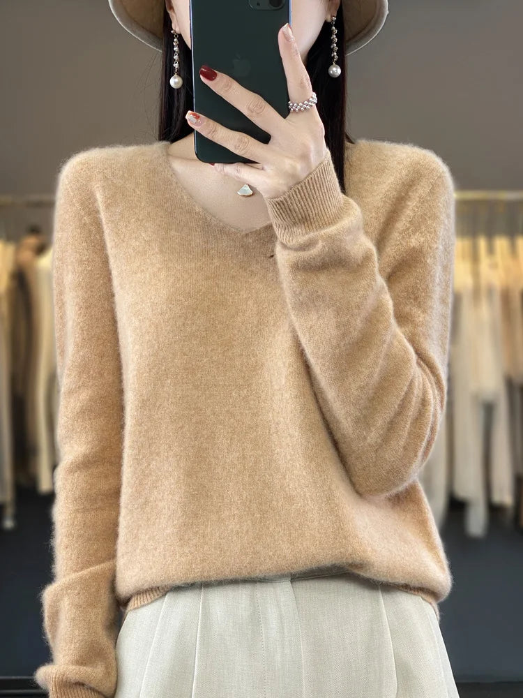 Fashion100% Merino Wool Sweater Cashmere  Pullover Women Knitwear V-Neck Long Sleeve  Autumn Winter Fashion Basic Clothing  Tops