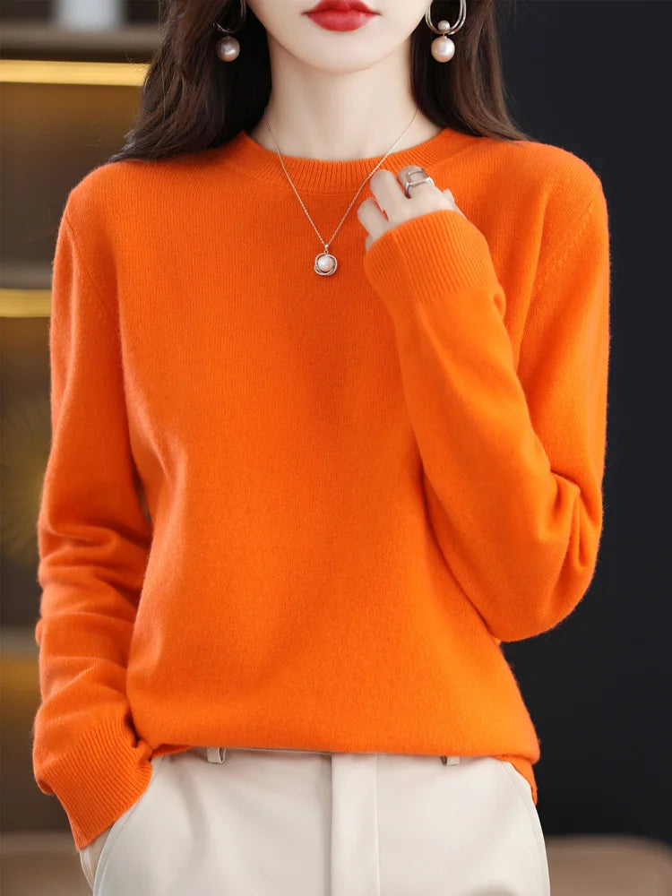Fashion 100% Merino Wool Sweater Elegant Cashmere Pullover Women O-Neck Long Sleeve Knitwear Basic Clothing  Jumper Tops