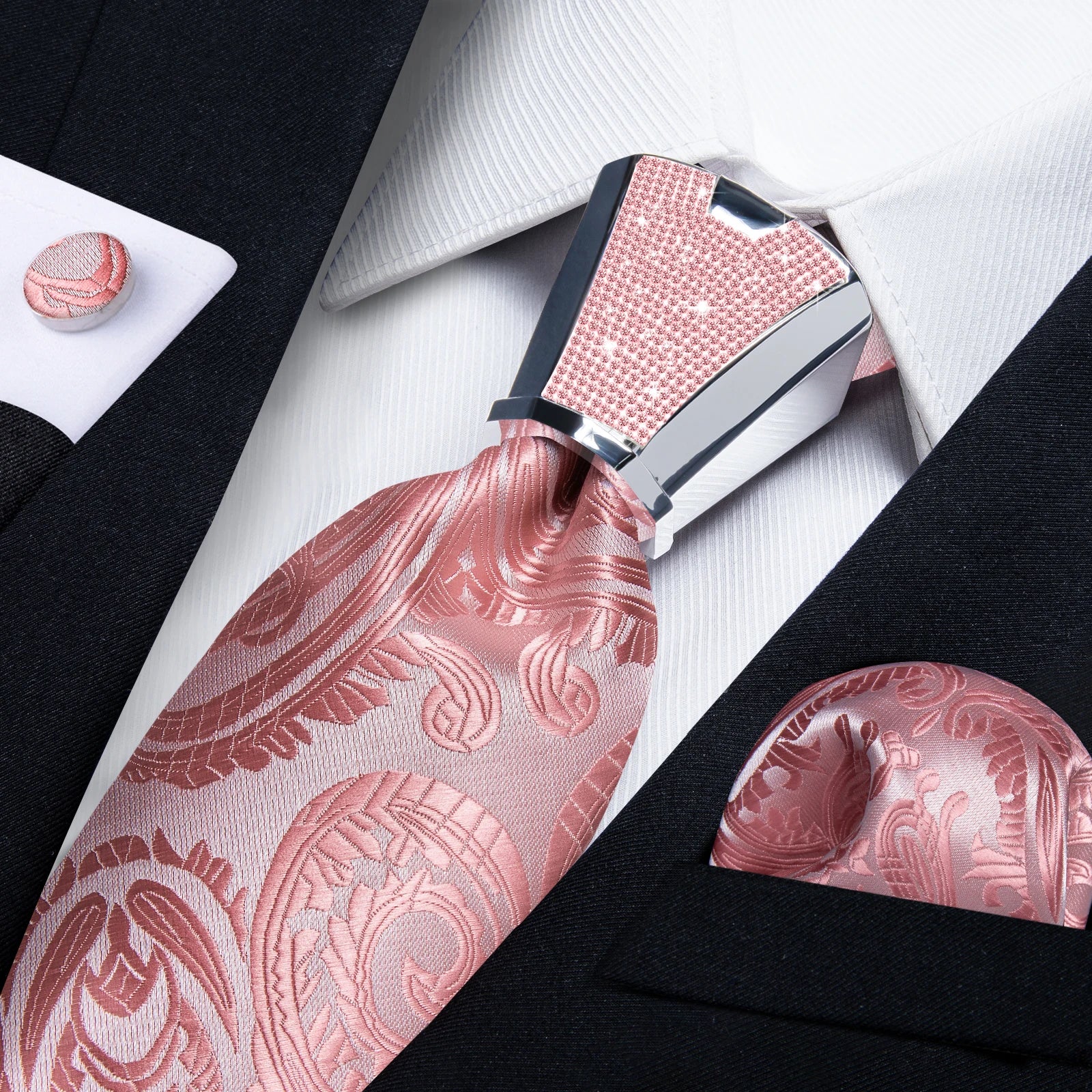 Pink Solid Paisley 8cm Silk Ties for Men with Luxury Plastic Tie Buckle Handkerchief Cufflinks Business Wedding Party Accessory
