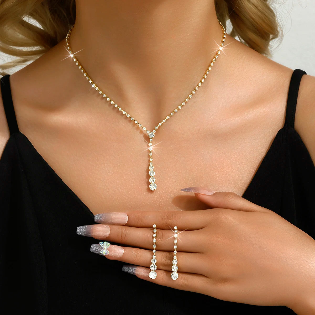 3pcs Women's Jewelry Fashion Drops Rhinestone Necklace Earring Set Bridal Wedding Accessories-8098