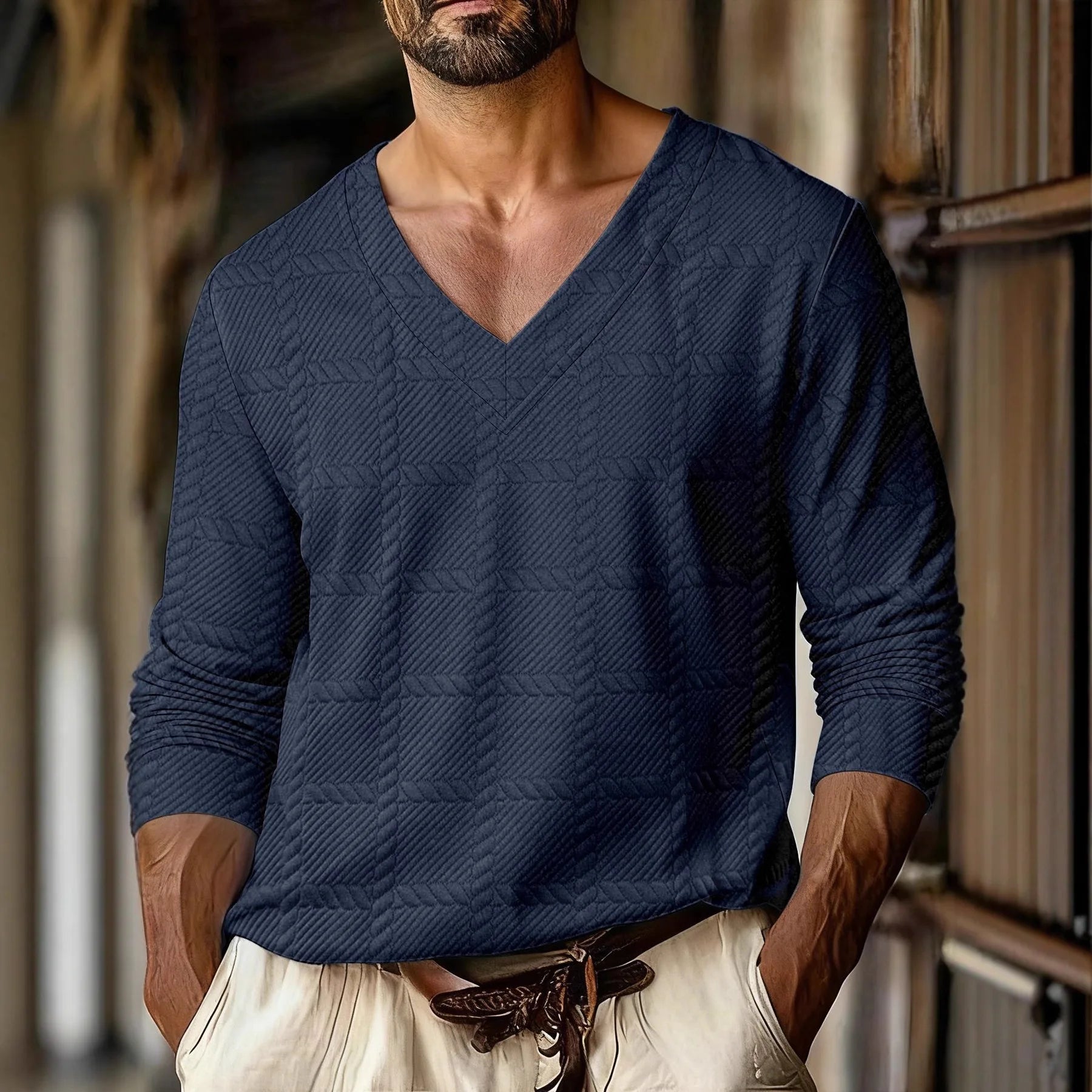 Autumn New Men's Plaid Pattern Jacquard Fabric V-neck Casual Sports Off-shoulder Sleeve Long-sleeved T-shirt