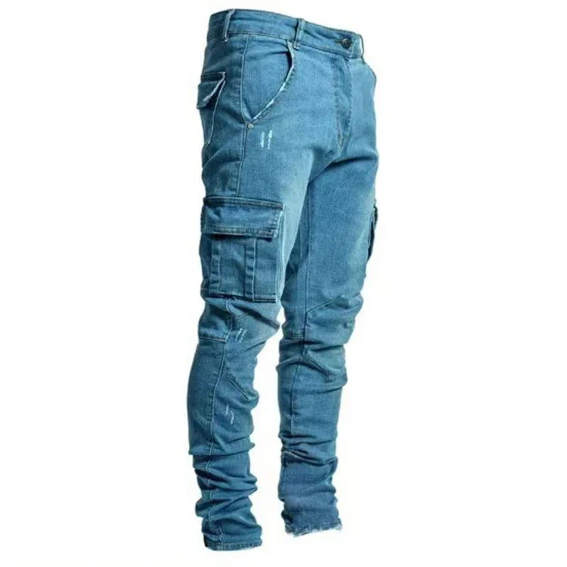 Men Fashion Casual Pencil Elasticity Jeans Male Multi Pocket Small Slim High Street Denim Pants Wash Solid Dark Blue Trousers
