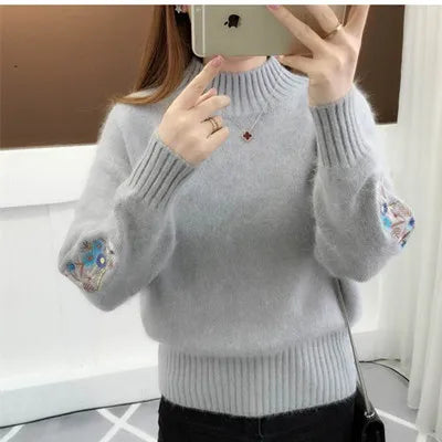 Women's Autumn Winter Embroidered Sleeves with Long Sleeves Knit Pullover Women Clothing Vintage Half High Collar Loose Sweaters