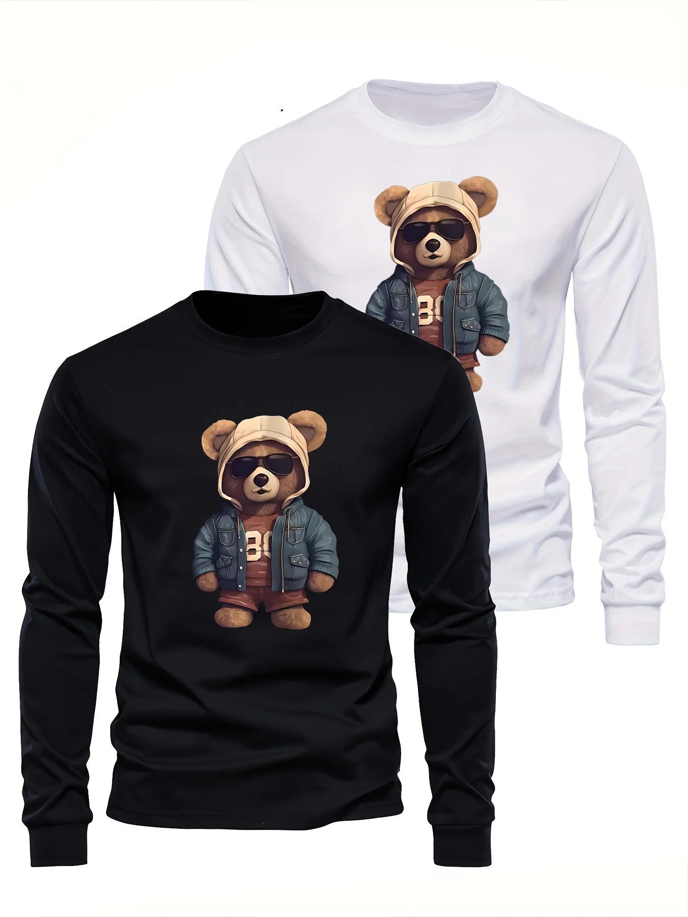 100 cotton men's casual long sleeved round neck loose bear pattern printed autumn and winter T-shirt top versatile