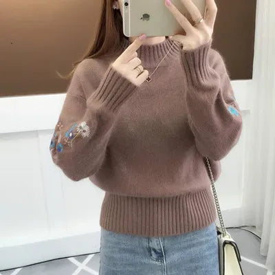 Women's Autumn Winter Embroidered Sleeves with Long Sleeves Knit Pullover Women Clothing Vintage Half High Collar Loose Sweaters