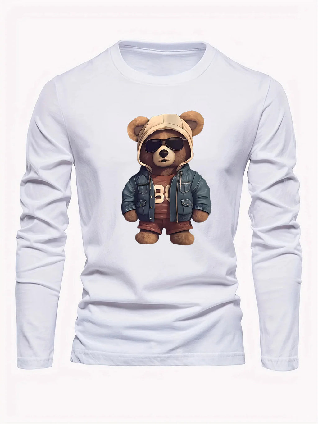 100 cotton men's casual long sleeved round neck loose bear pattern printed autumn and winter T-shirt top versatile