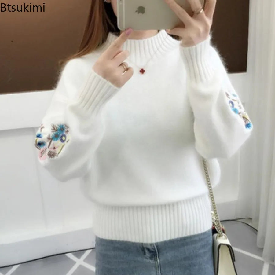 Women's Autumn Winter Embroidered Sleeves with Long Sleeves Knit Pullover Women Clothing Vintage Half High Collar Loose Sweaters