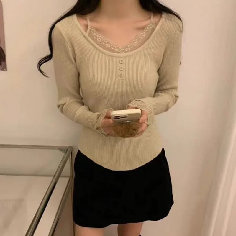 Women Clothing Sweaters O-Neck Black Knitted Sweater Women Pullovers New Long Sleeve Lace Knit Sweater Pullover Women Tops Q1646