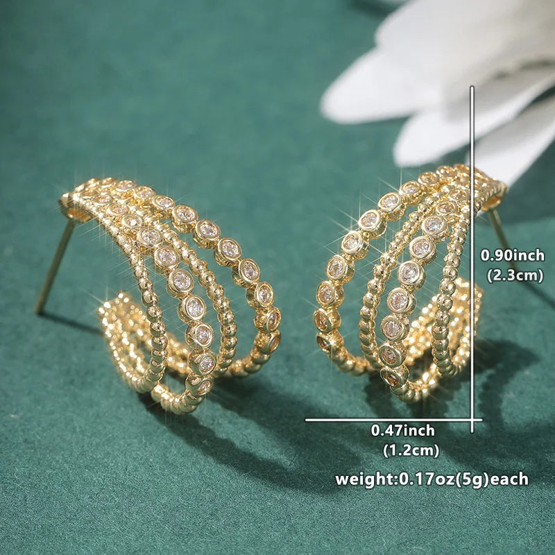 Fashion Classic Synthetic Zirconia Design Women Multilayer Hoop Earrings Golden Plated Banquet Wedding Jewelry Accessories Gifts