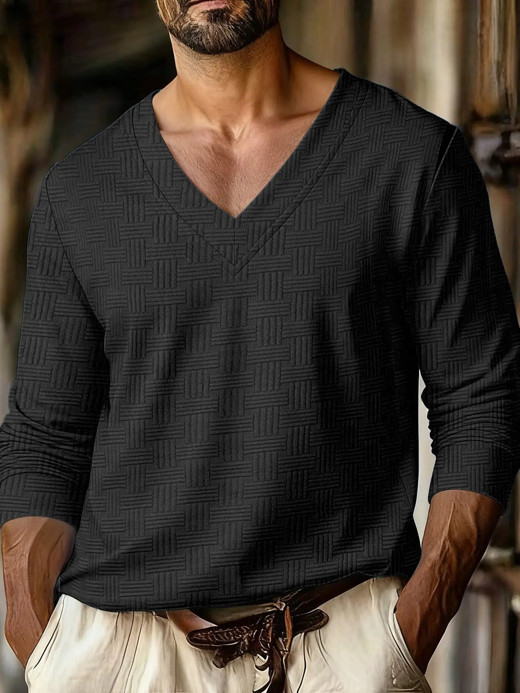 Autumn New Men's Plaid Pattern Jacquard Fabric V-neck Casual Sports Off-shoulder Sleeve Long-sleeved T-shirt