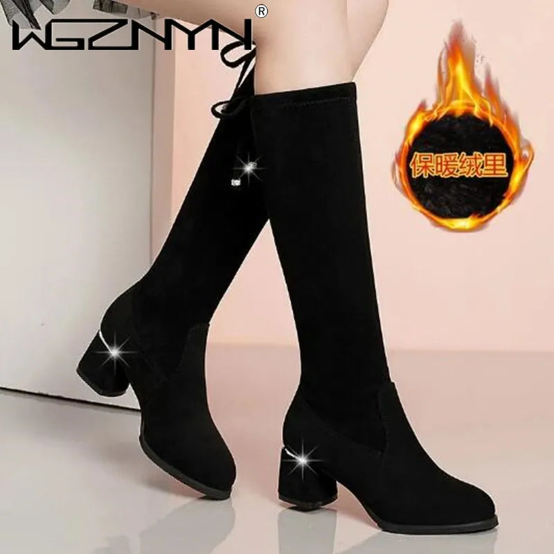 Women Autumn Winter Black Knee Boots 2025 New Comfort Lace Up Chunky High Heels Shoes Fashion Warm Suede Round Toe Botas Mujer