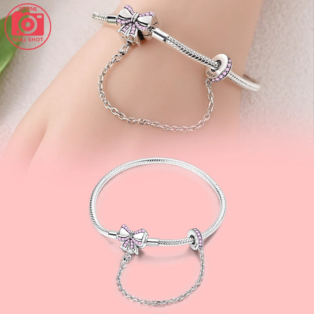 Original Charms 925 Sterling Silver Pink Butterfly Locking Chain Beads Fit Bracelet Women Jewelry Making Diy Fine Gift Accessory