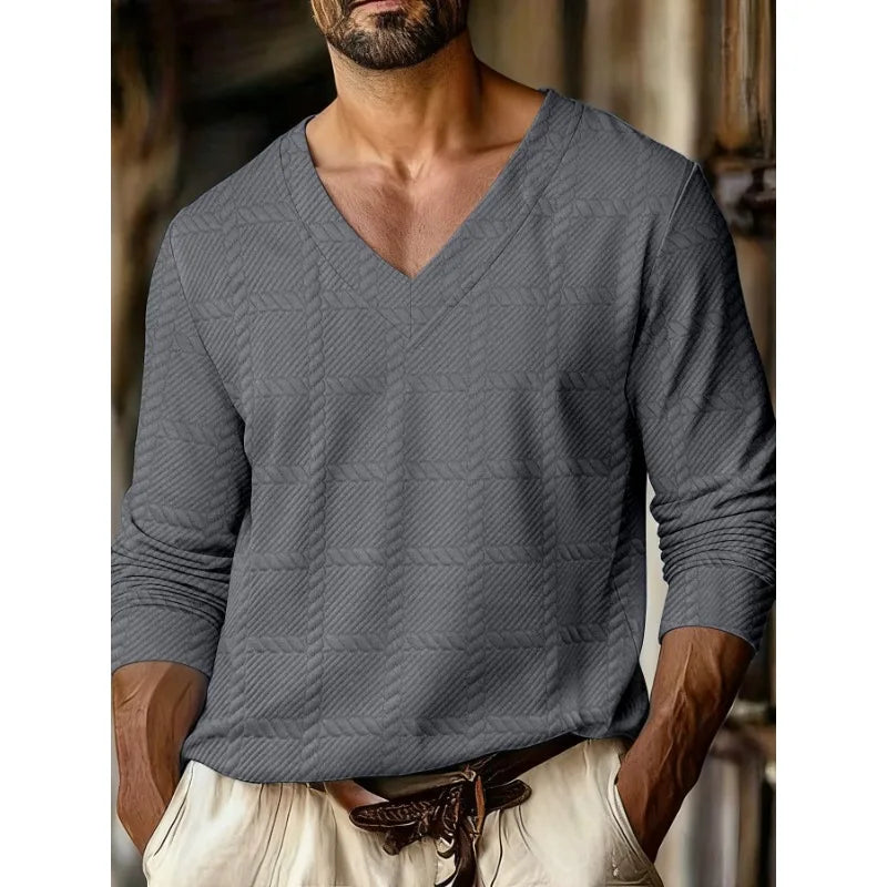 Autumn New Men's Plaid Pattern Jacquard Fabric V-neck Casual Sports Off-shoulder Sleeve Long-sleeved T-shirt