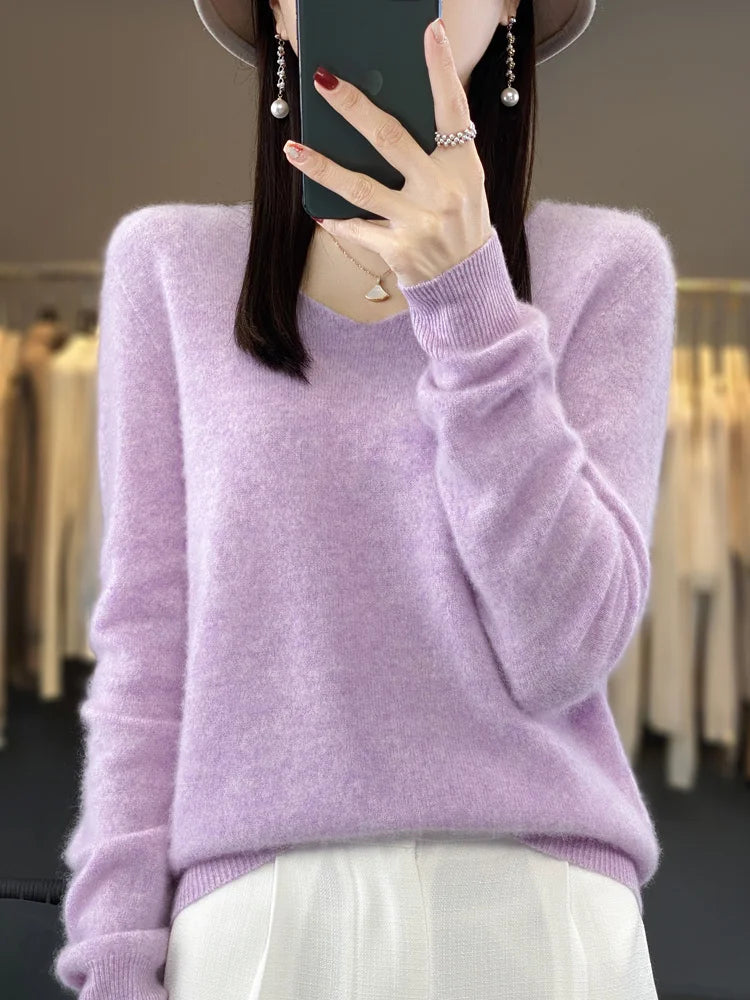 Fashion100% Merino Wool Sweater Cashmere  Pullover Women Knitwear V-Neck Long Sleeve  Autumn Winter Fashion Basic Clothing  Tops