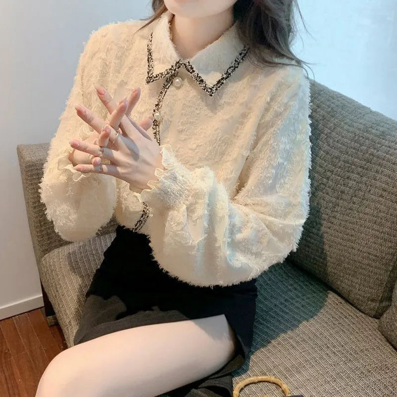 Elegant Fashion Female Solid Color Button Shirt Autumn Winter Korean Thick All-match Turn-down Collar Blouse Women's Clothing