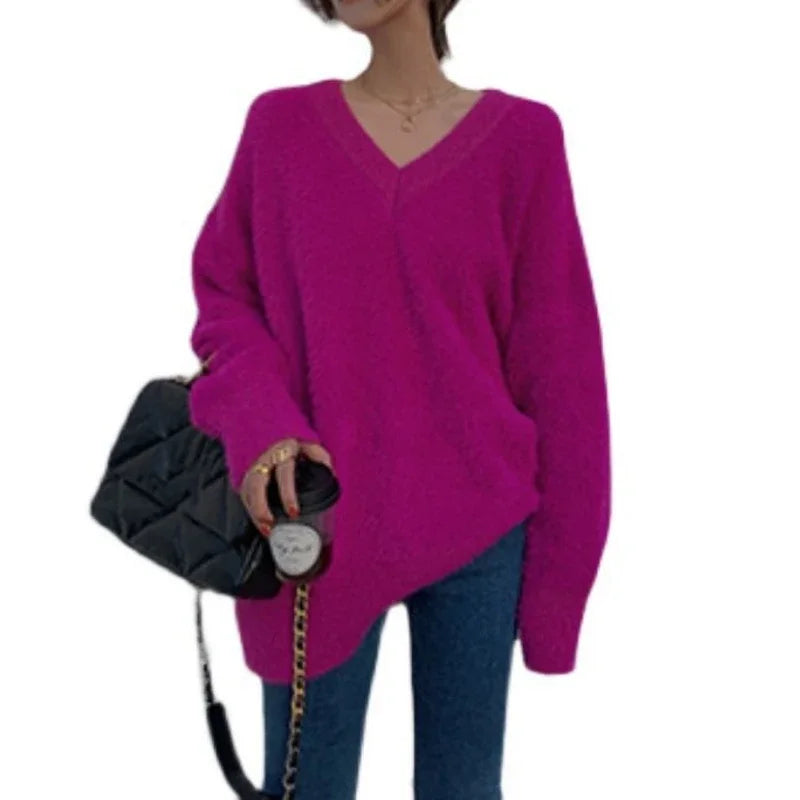 Fluffy Sweater Autumn Winter Women's Clothing Y2k Streetwear Mink V-neck Soft Pullover Jumper Loose Long Sleeve Tops New White