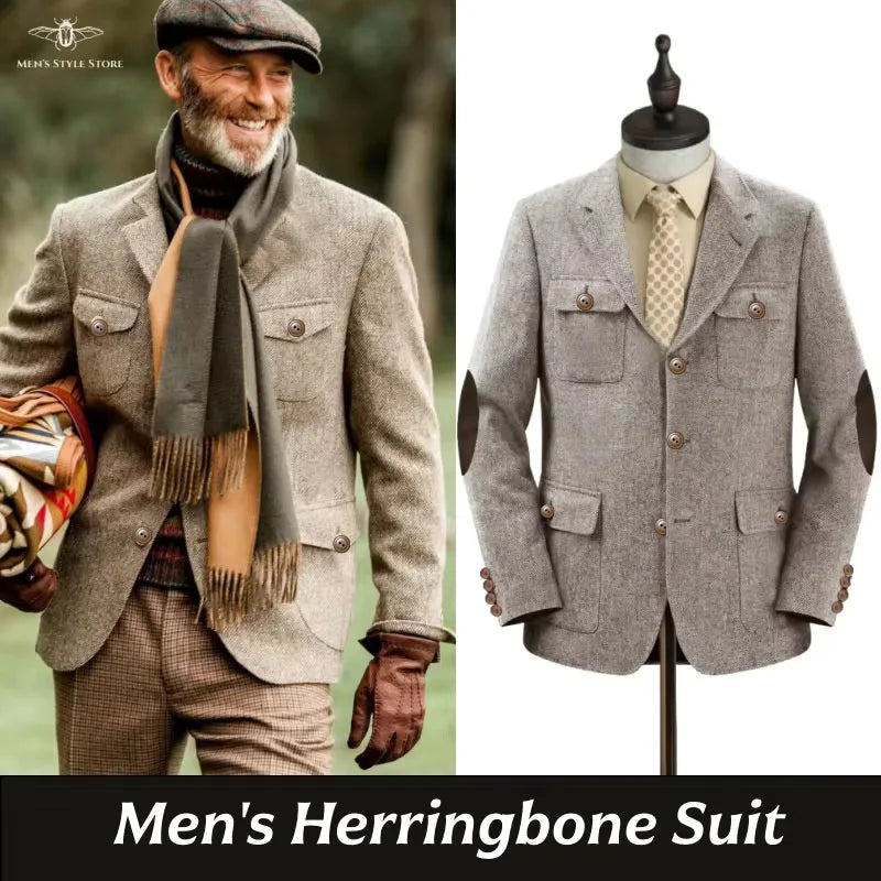Men's Jackets Multi-pocket Hunting Attire Tweed Double-Breasted  Blazer Herringbone Casual Elegant Retro New Style Man Suit