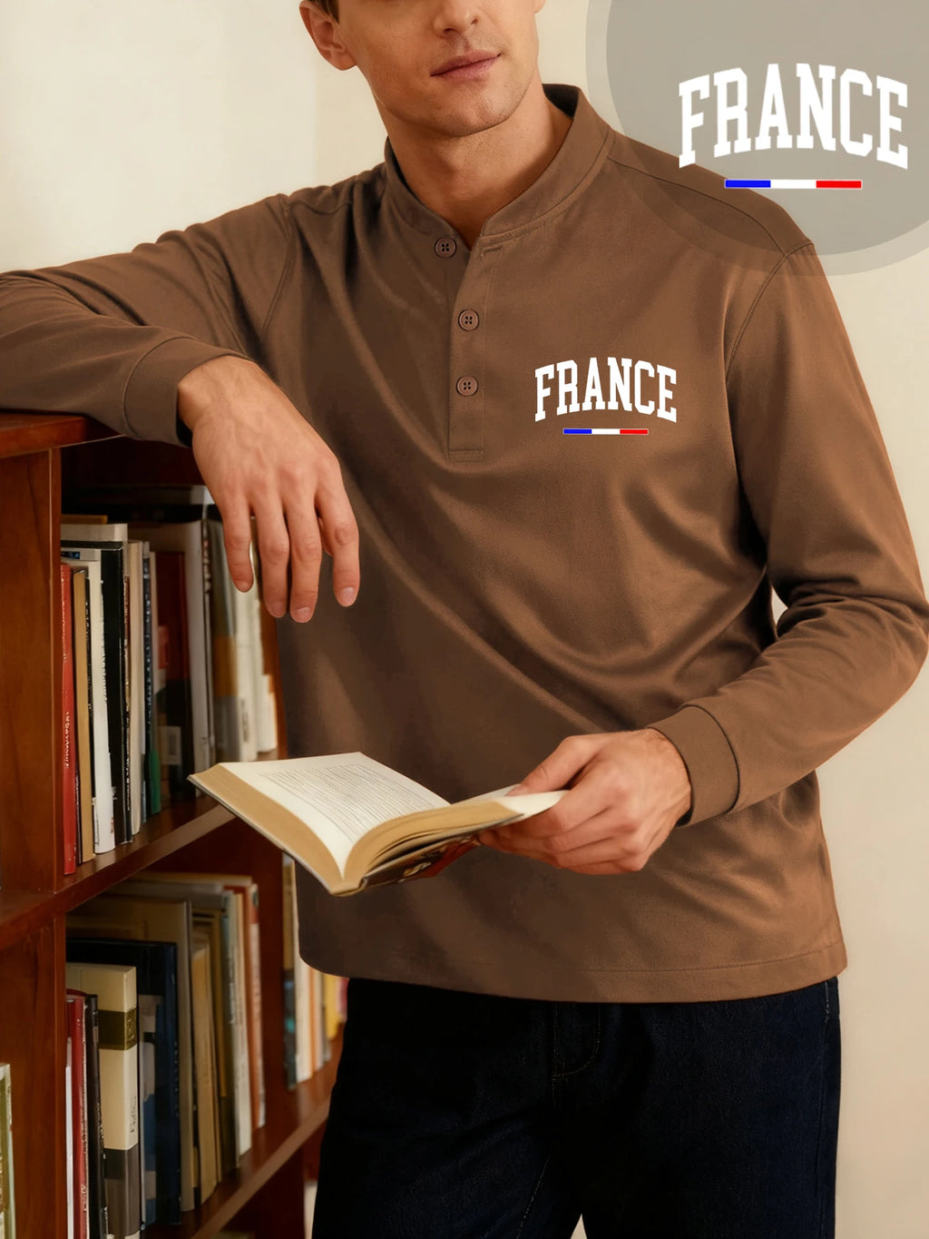 France Letter Creativity Prints Henley Shirts Men Henery Neck Basic Clothing Street Classic T Shirt Casual Bottoming Long Sleeve