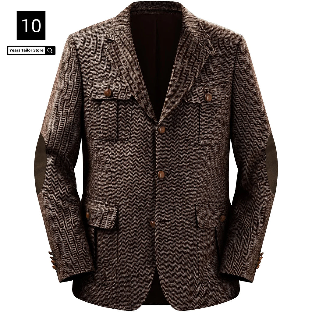 Men's Jackets Multi-pocket Hunting Attire Tweed Double-Breasted  Blazer Herringbone Casual Elegant Retro New Style Man Suit