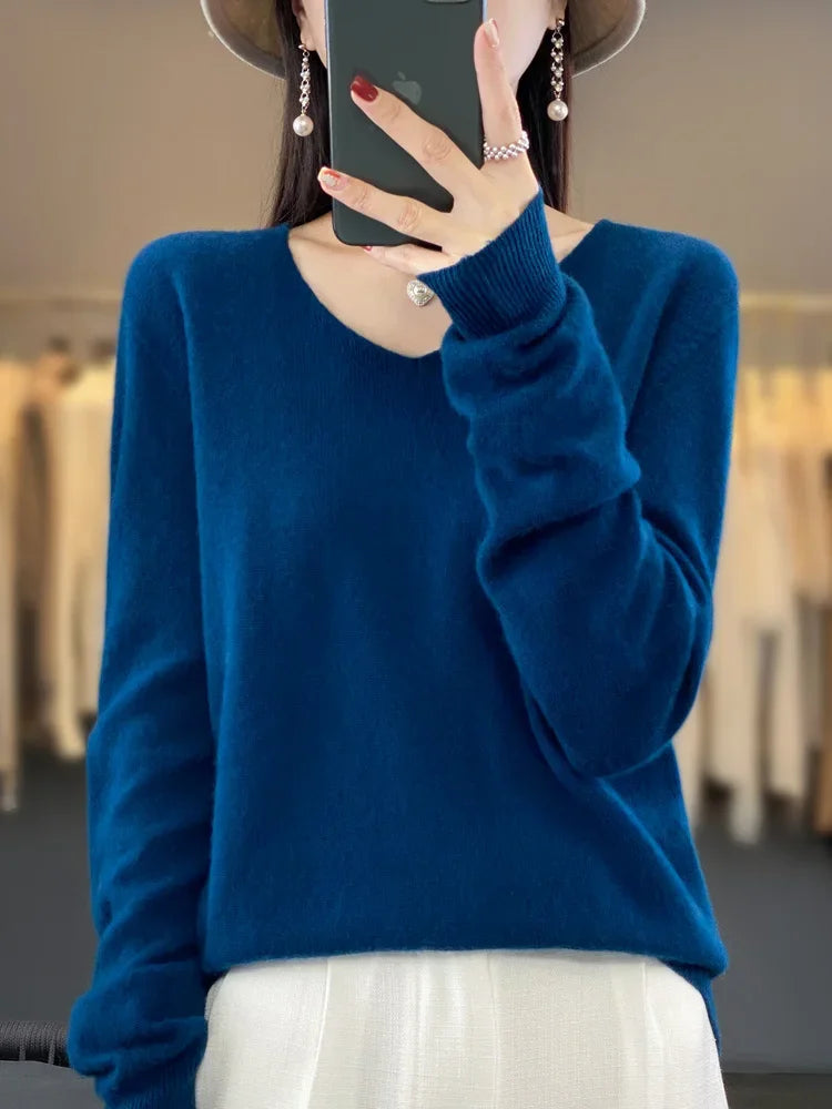 Fashion100% Merino Wool Sweater Cashmere  Pullover Women Knitwear V-Neck Long Sleeve  Autumn Winter Fashion Basic Clothing  Tops