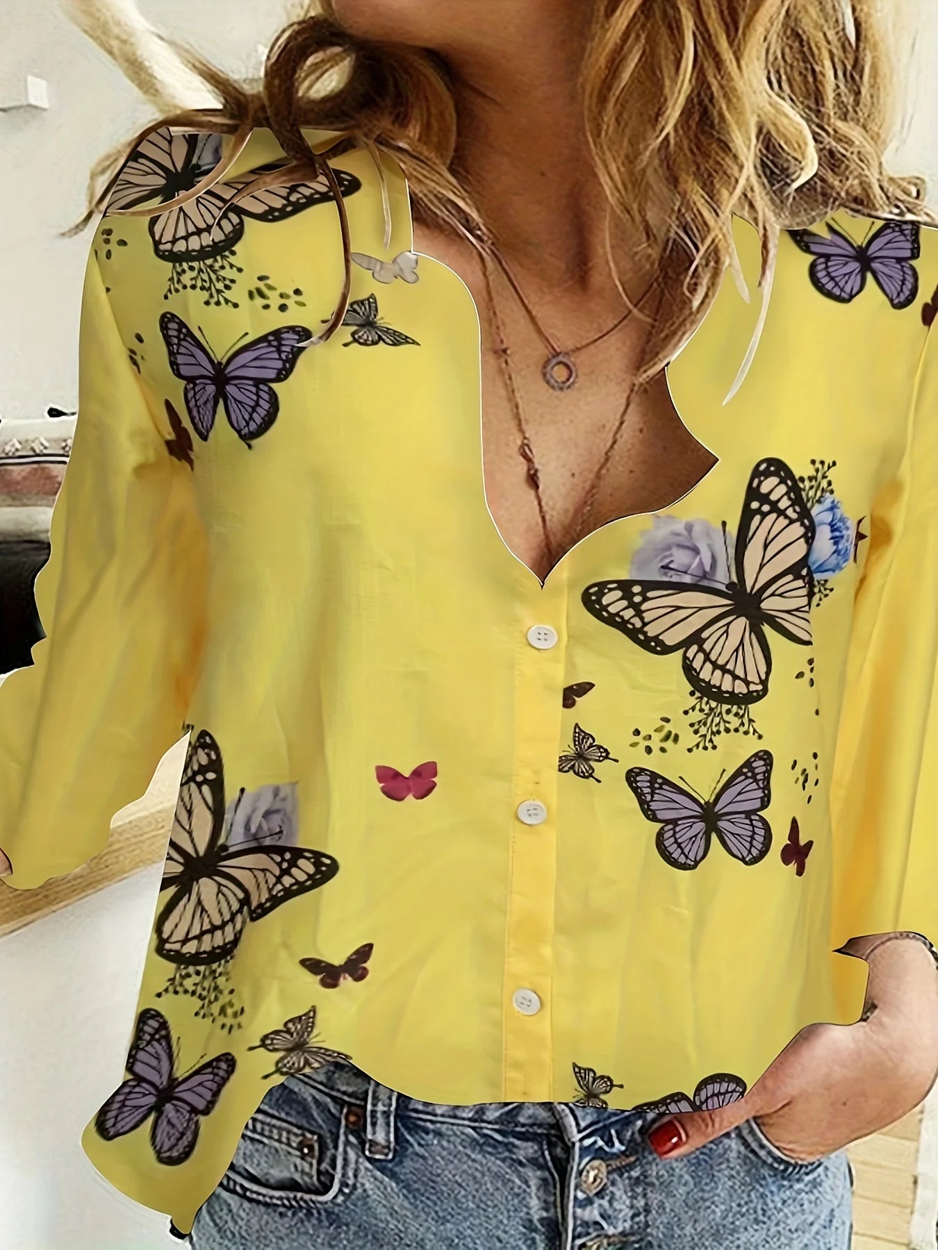 Simple Long-Sleeved Womens Shirts Fall Polo Collar Button Down Shirt Elegant Butterfly Dandelion Oversized Loose Blouse Clothing