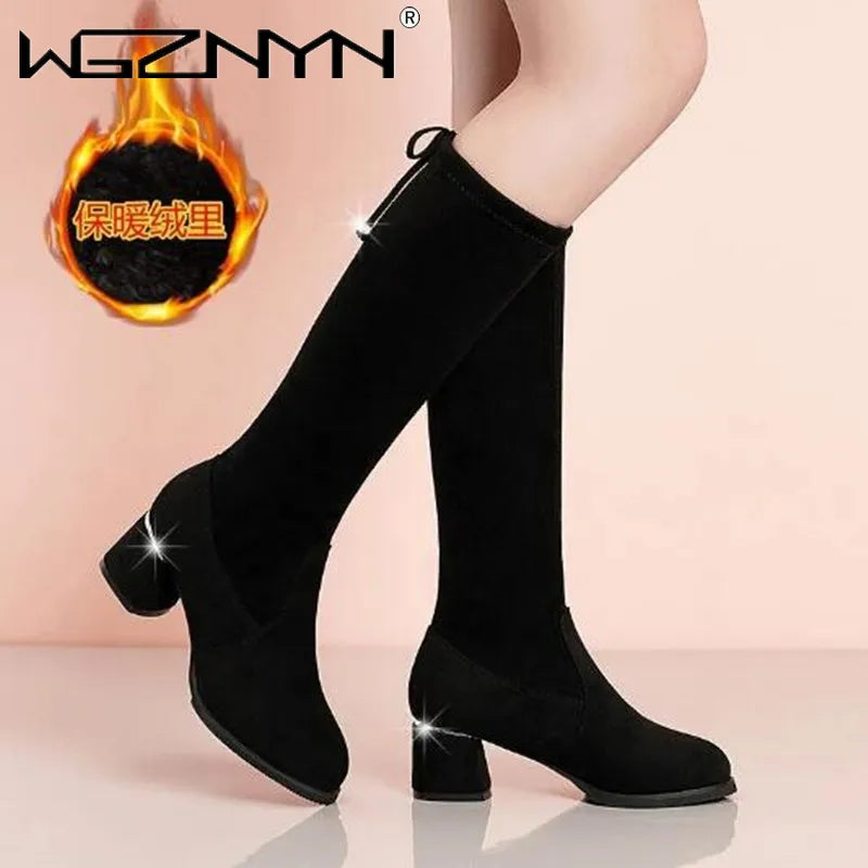 Women Autumn Winter Black Knee Boots 2025 New Comfort Lace Up Chunky High Heels Shoes Fashion Warm Suede Round Toe Botas Mujer