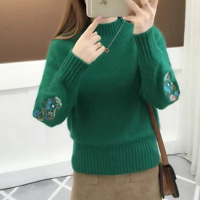 Women's Autumn Winter Embroidered Sleeves with Long Sleeves Knit Pullover Women Clothing Vintage Half High Collar Loose Sweaters