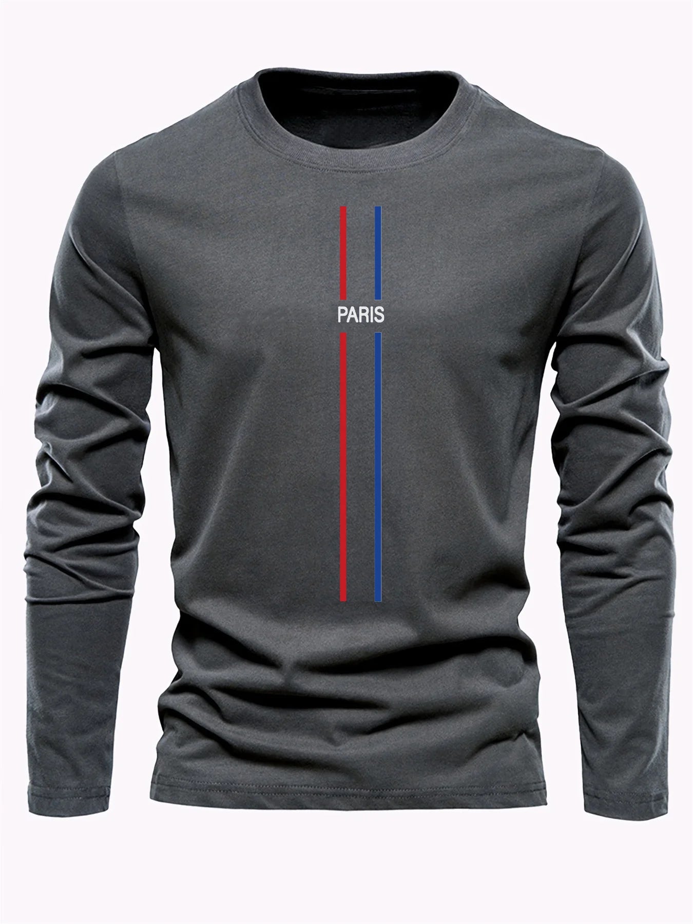 100% pure cotton men's long sleeved round neck loose casual Paris pattern printed spring and autumn versatile T-shirt top