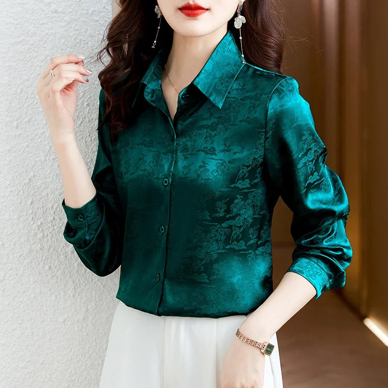 Autumn Fashion Polo-Neck Women Tops Satin Elegant Slim Women Blouse New OL Embroidered Women's Clothing Loose Long Sleeve Shirt
