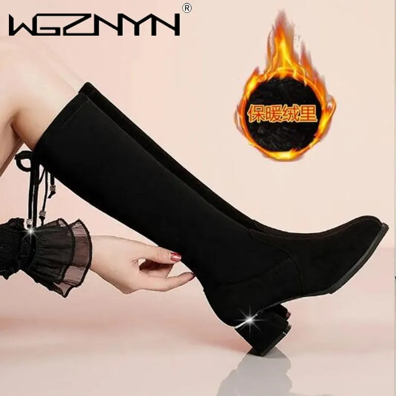 Women Autumn Winter Black Knee Boots 2025 New Comfort Lace Up Chunky High Heels Shoes Fashion Warm Suede Round Toe Botas Mujer
