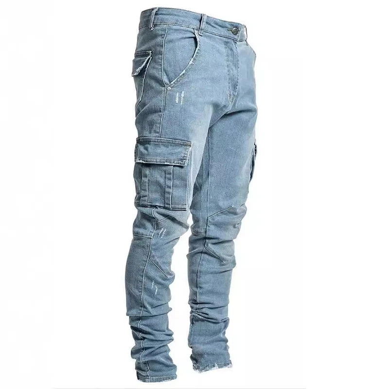 Men Fashion Casual Pencil Elasticity Jeans Male Multi Pocket Small Slim High Street Denim Pants Wash Solid Dark Blue Trousers