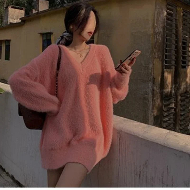 Fluffy Sweater Autumn Winter Women's Clothing Y2k Streetwear Mink V-neck Soft Pullover Jumper Loose Long Sleeve Tops New White