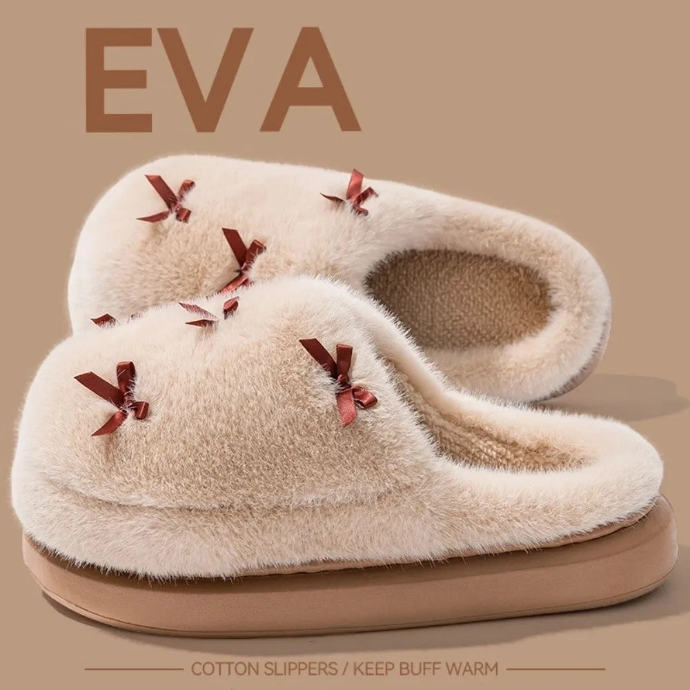 Fashion Bow knot House Slippers Warm Fleece with Lining Women's Indoor Shoes Non-slip Thickened Indoor Fluffy Slippers Winter