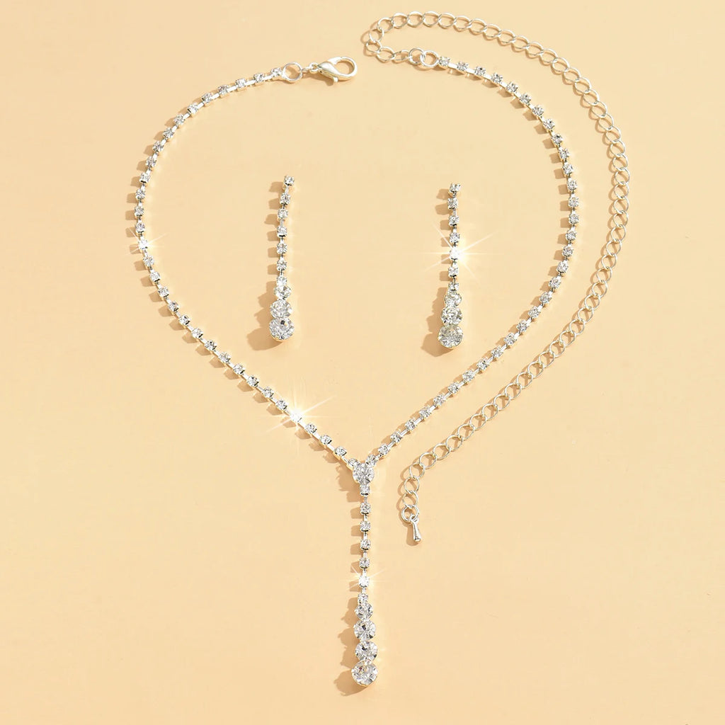 3pcs Women's Jewelry Fashion Drops Rhinestone Necklace Earring Set Bridal Wedding Accessories-8098