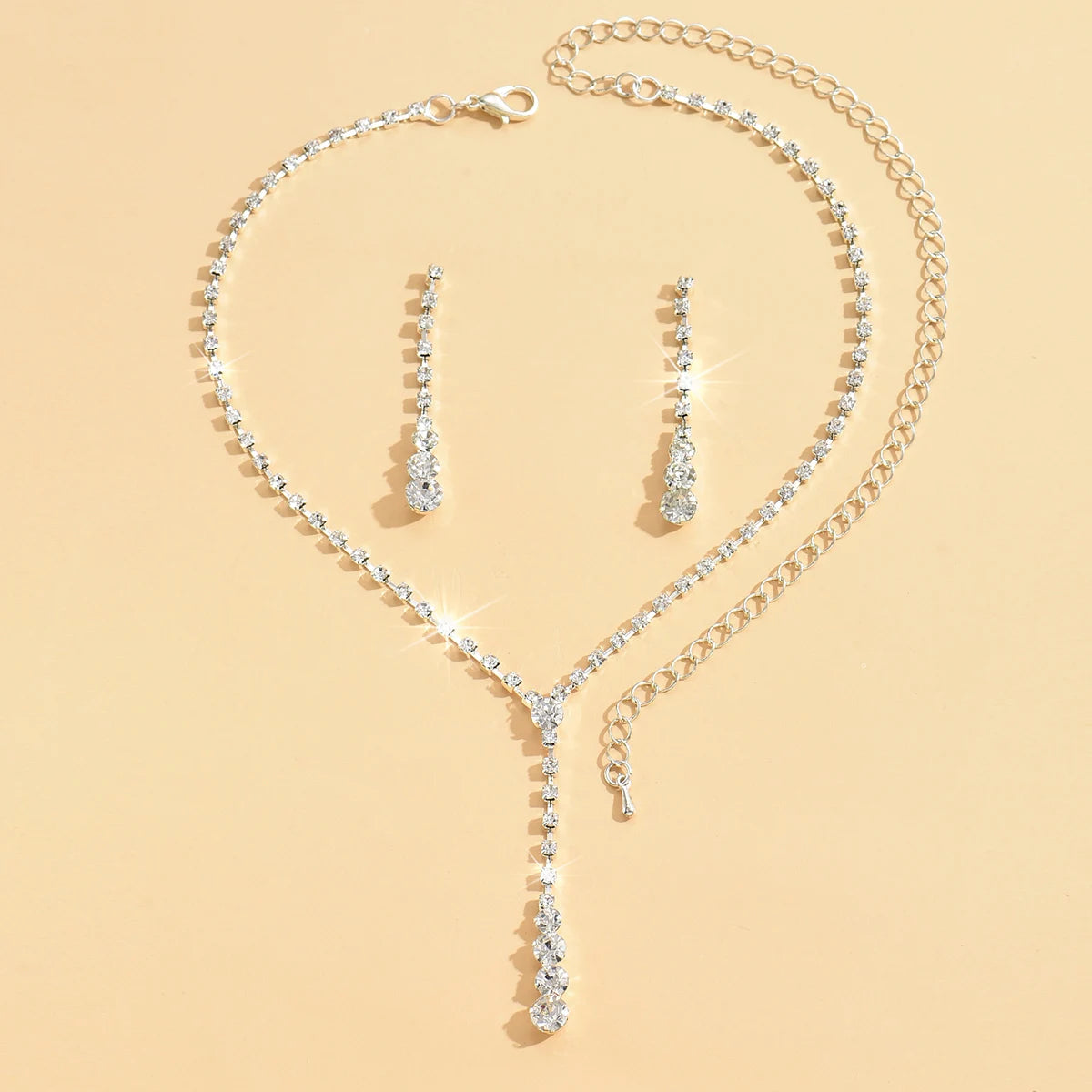 3pcs Women's Jewelry Fashion Drops Rhinestone Necklace Earring Set Bridal Wedding Accessories-8098