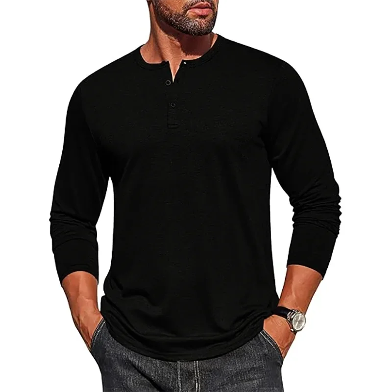 Autumn Men's Long Sleeve Henley Shirts Cotton 3-Button Spring Casual T-Shirts Solid Color Soft Basic Tops Tees