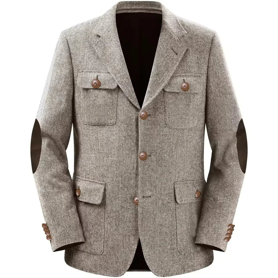 Men's Jackets Multi-pocket Hunting Attire Tweed Double-Breasted  Blazer Herringbone Casual Elegant Retro New Style Man Suit
