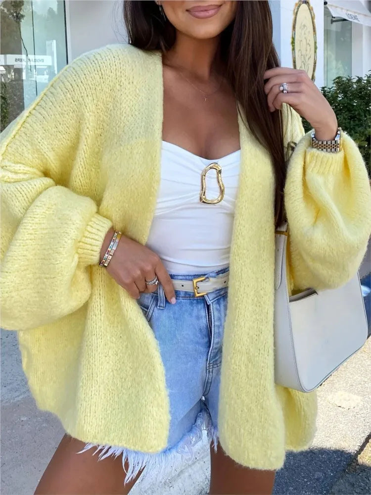 Fashion Solid Sweater Coat For Women Casual Long Sleeve V Neck Loose Sweaters Tops Lady Holiday Streetwear Womens Clothing New