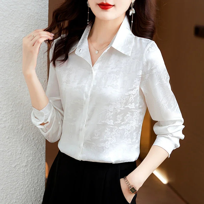 Autumn Fashion Polo-Neck Women Tops Satin Elegant Slim Women Blouse New OL Embroidered Women's Clothing Loose Long Sleeve Shirt