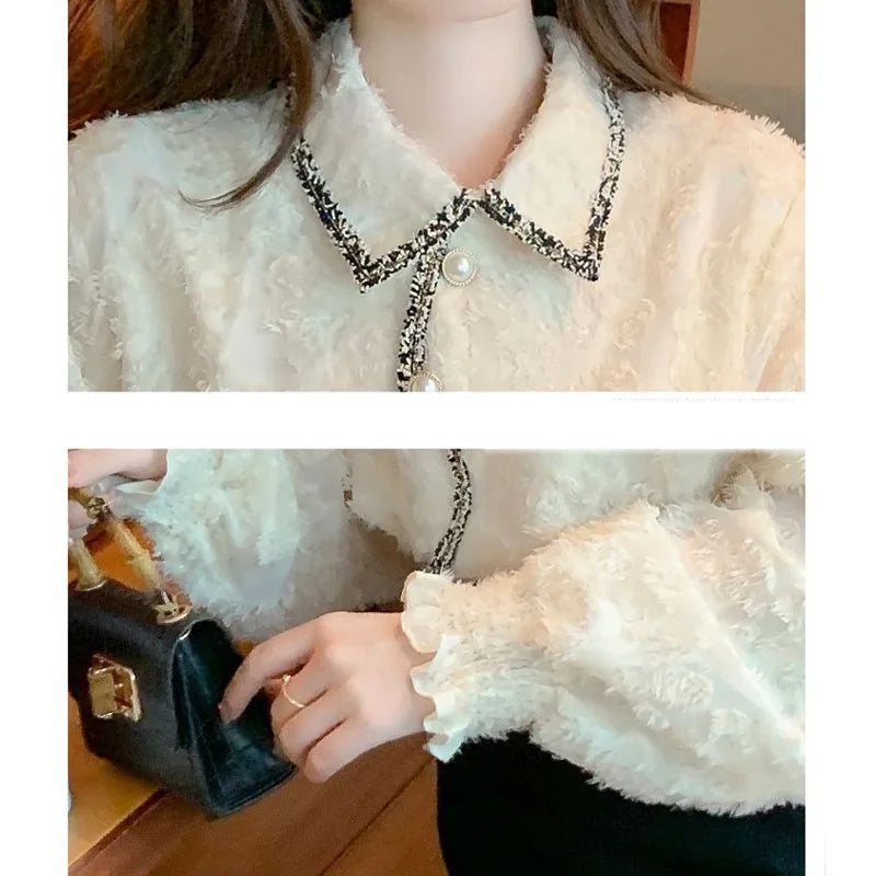 Elegant Fashion Female Solid Color Button Shirt Autumn Winter Korean Thick All-match Turn-down Collar Blouse Women's Clothing